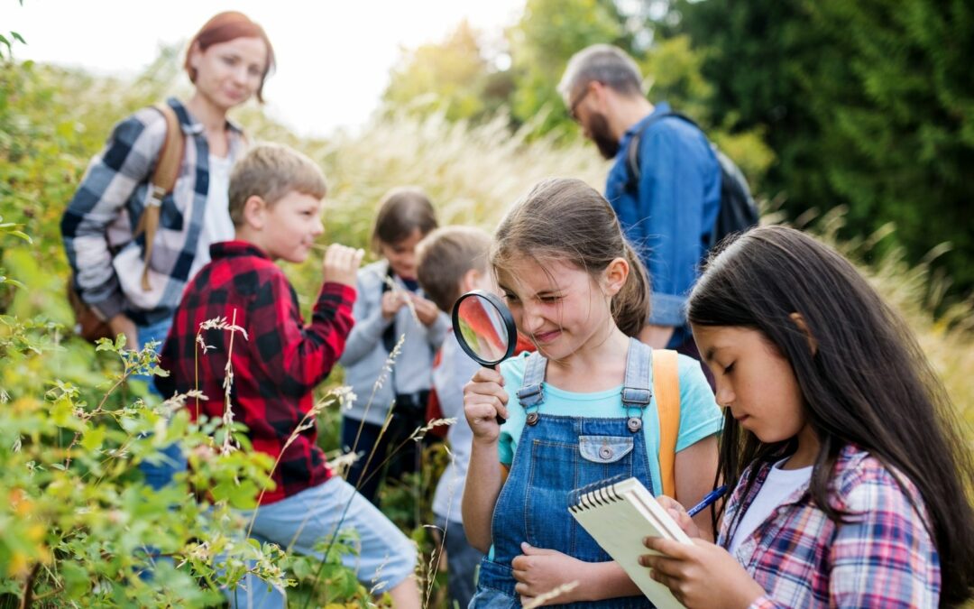 Homeschool children and parents doing outdoor studies