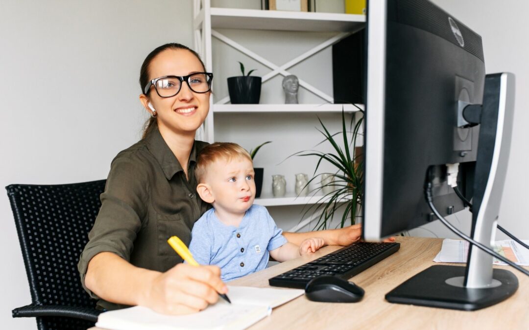 mom and child with planner and computer