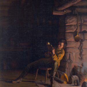 Abraham unschooling reading at the fireplace