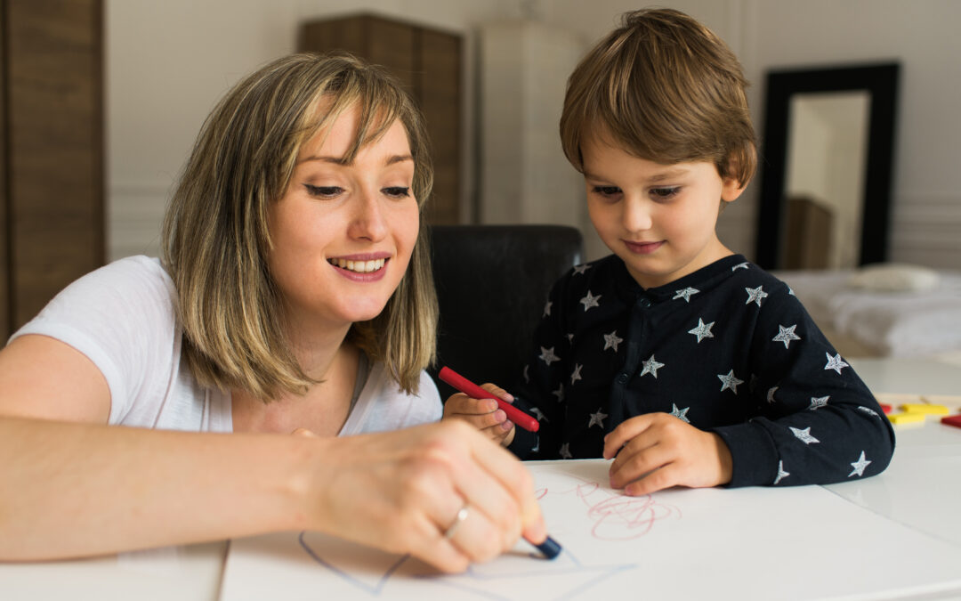 mom and child homeschooling in pjs