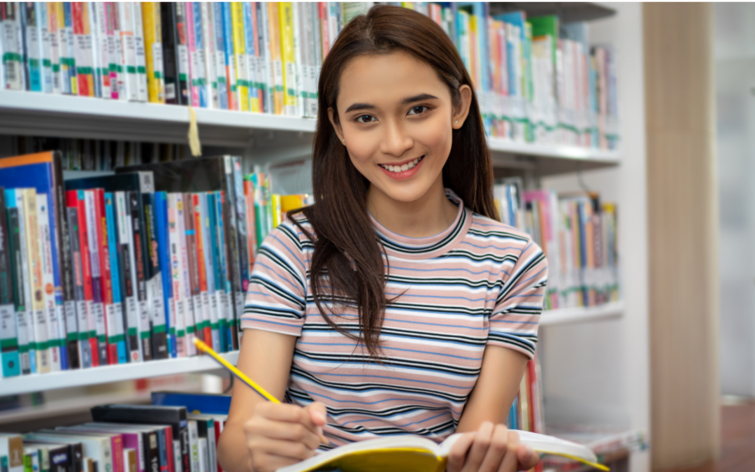 homeschooled teen in library reading