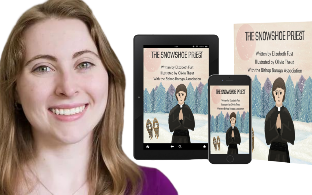 Elizabeth Fust with her book The Snowshoe Priest