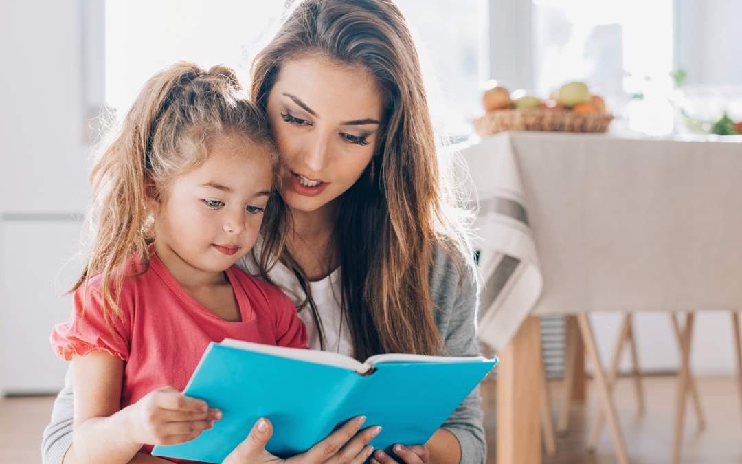 Catholic homeschool mom reading to child