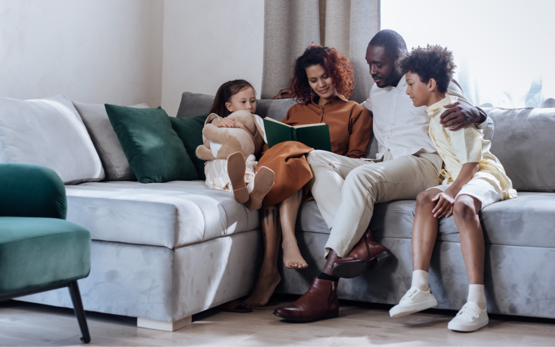 Catholic homeschool family during read aloud time