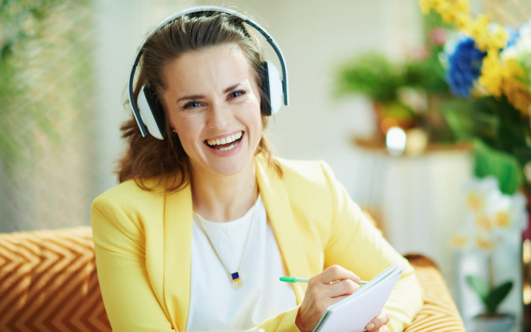 Catholic adult learner with headphones