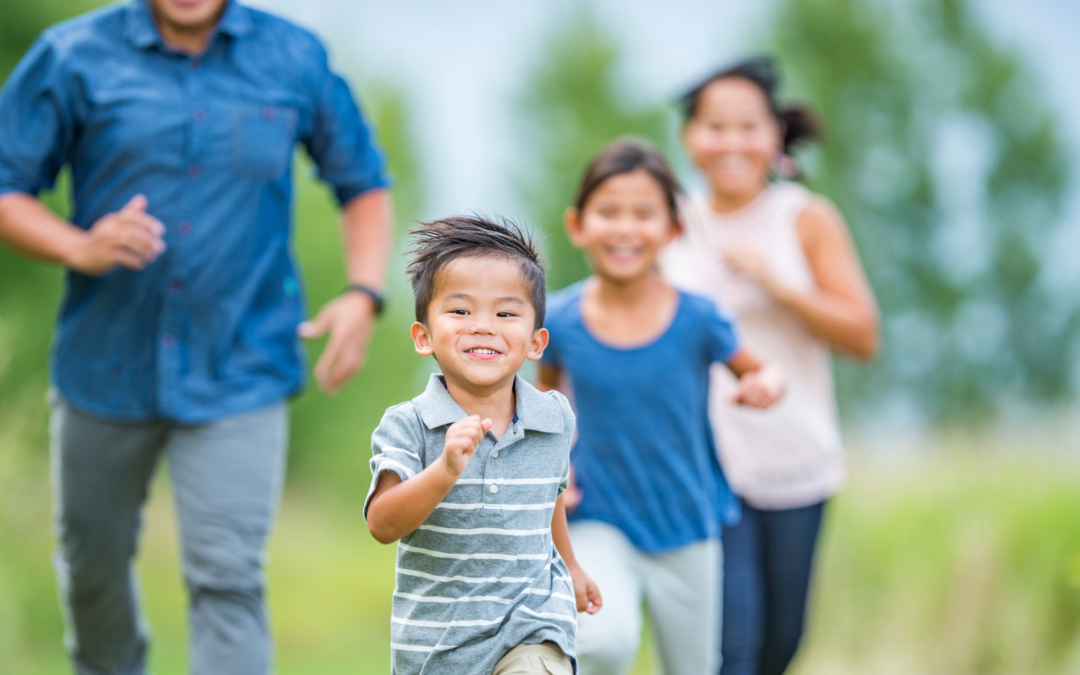 homeschool family running outside