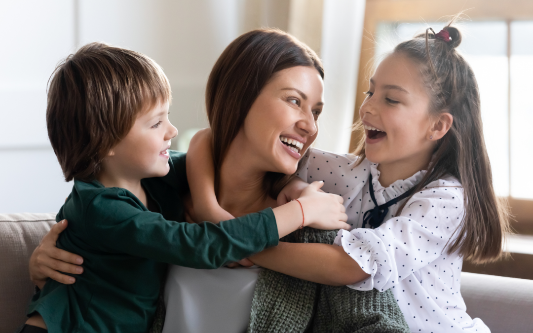 happy catholic homeschool mom and two children