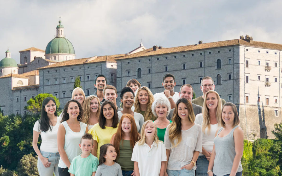 catholic homeschoool families stadning in front of a monastery