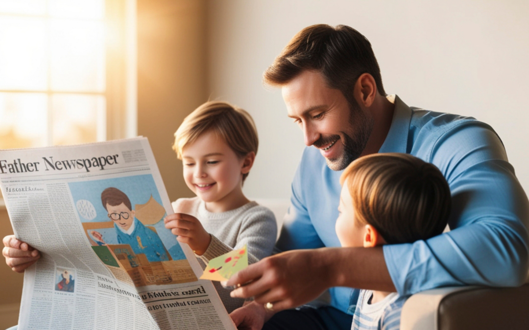 Homeschool Dad reading newspaper with children