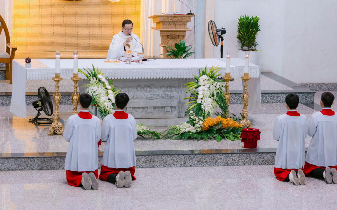 Catholic mass with priest and homeschooled alter servers