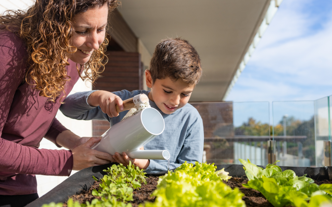homeschool mom and son gardening