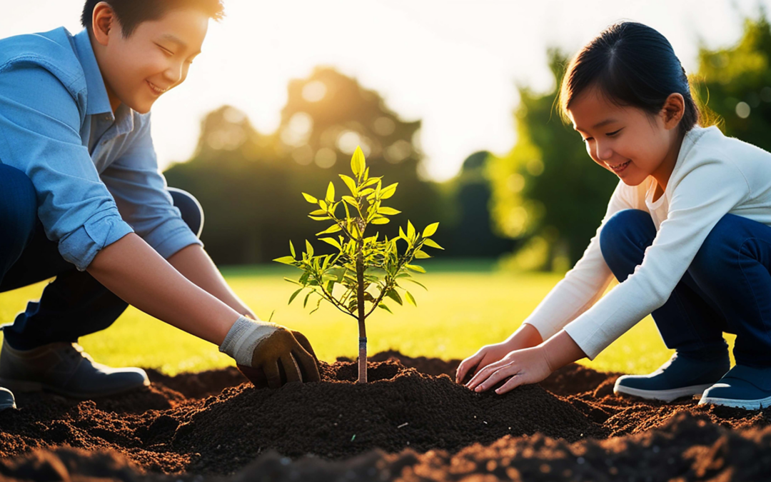 Catholic homeschool dad and daughter planting a tree