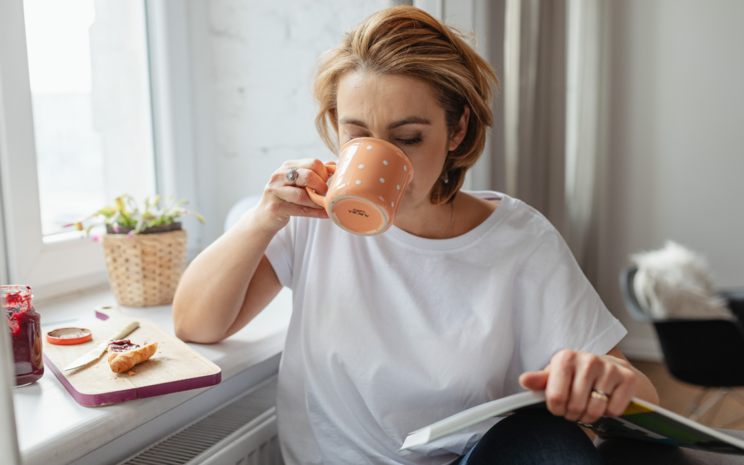 catholic homeschool mom dricking coffee